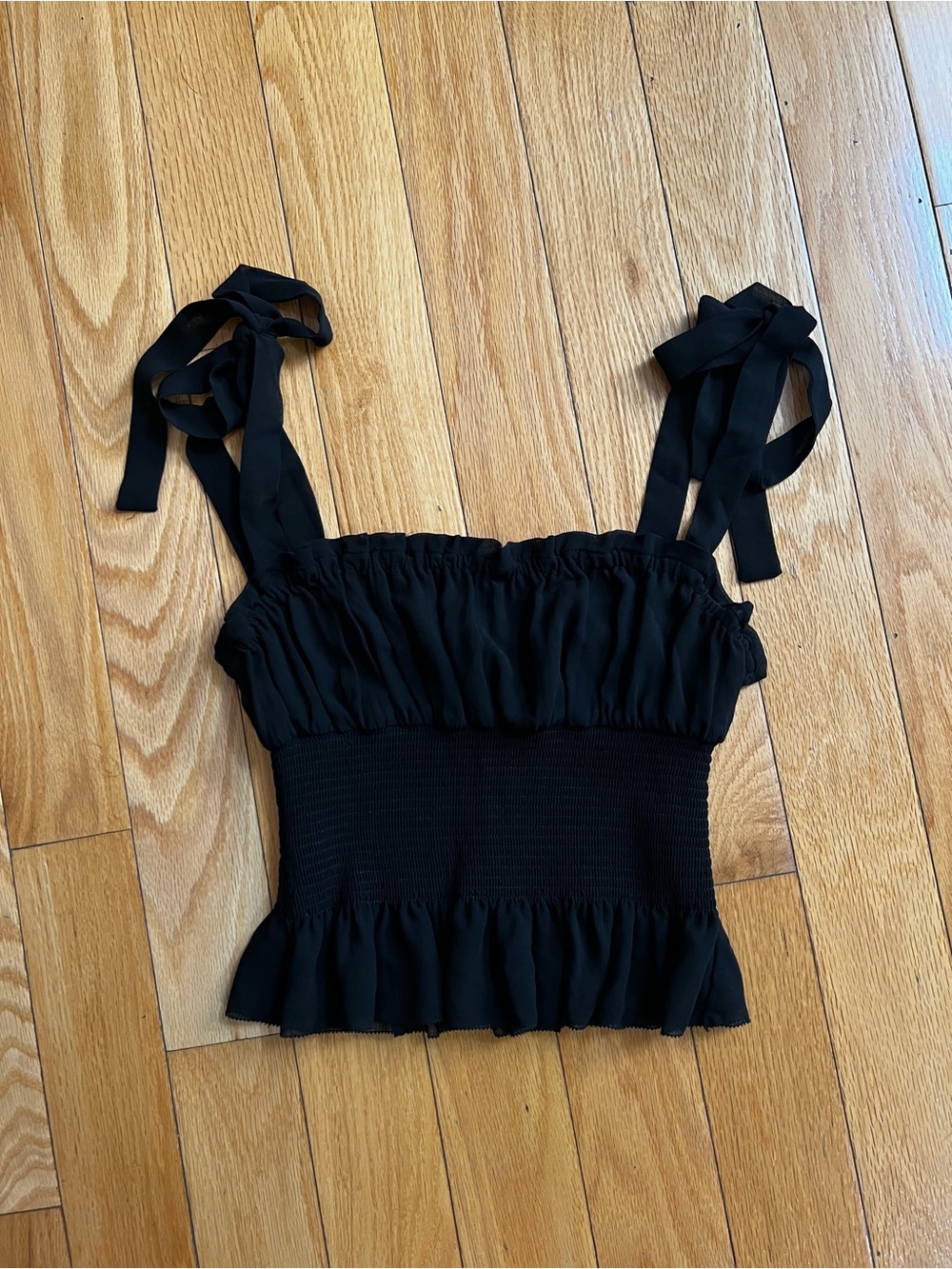 Aritiza/Wilfred Black Smocked Tie-Shoulder Camisole